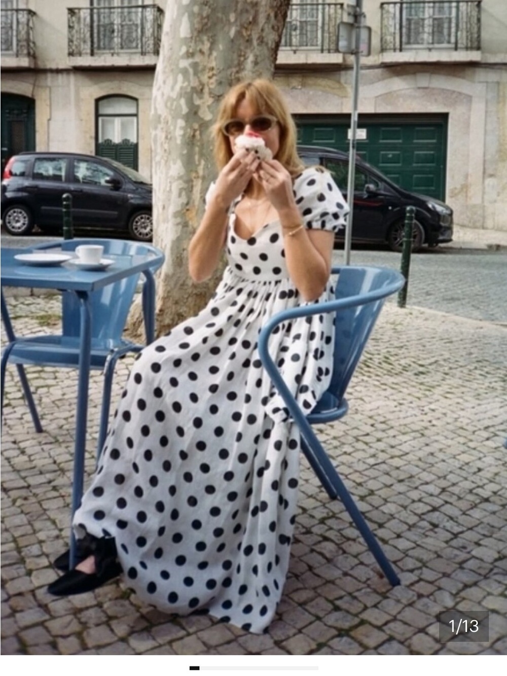 Sleeper White and Black Polka Dot Puff-Sleeve Midi Dress
